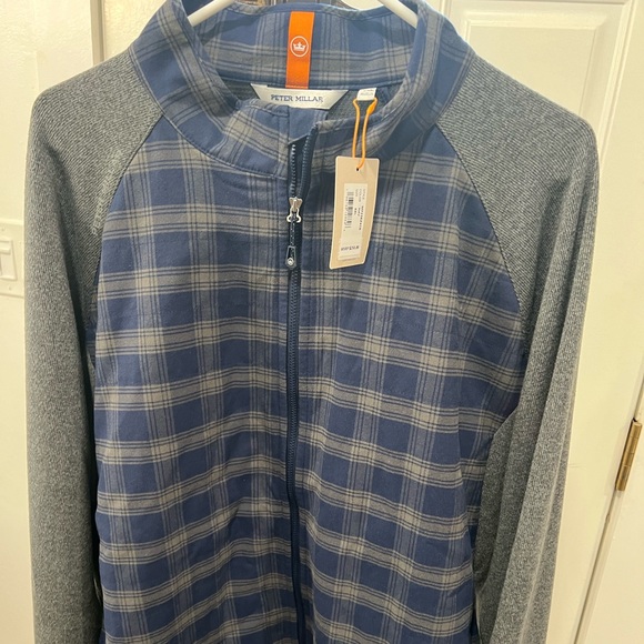 Mens Peter Millar Performance Flannel Gray Blue Plaid Men's Zip Jacket 2XL New